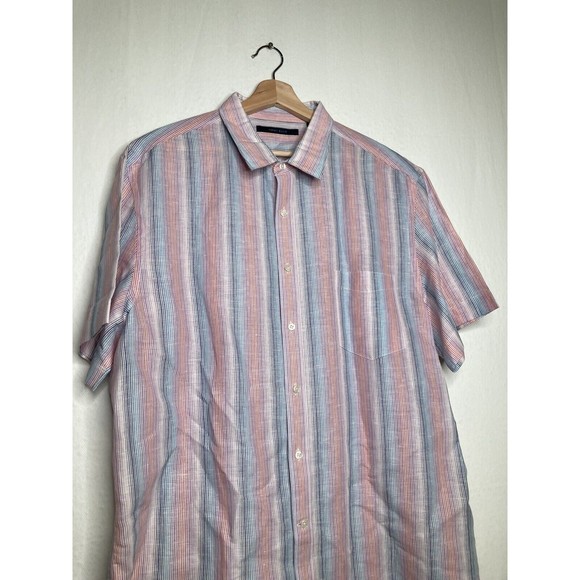 Perry Ellis Mens Short Sleeve Button up Shirt XXL Green and White linen casual - Picture 5 of 9